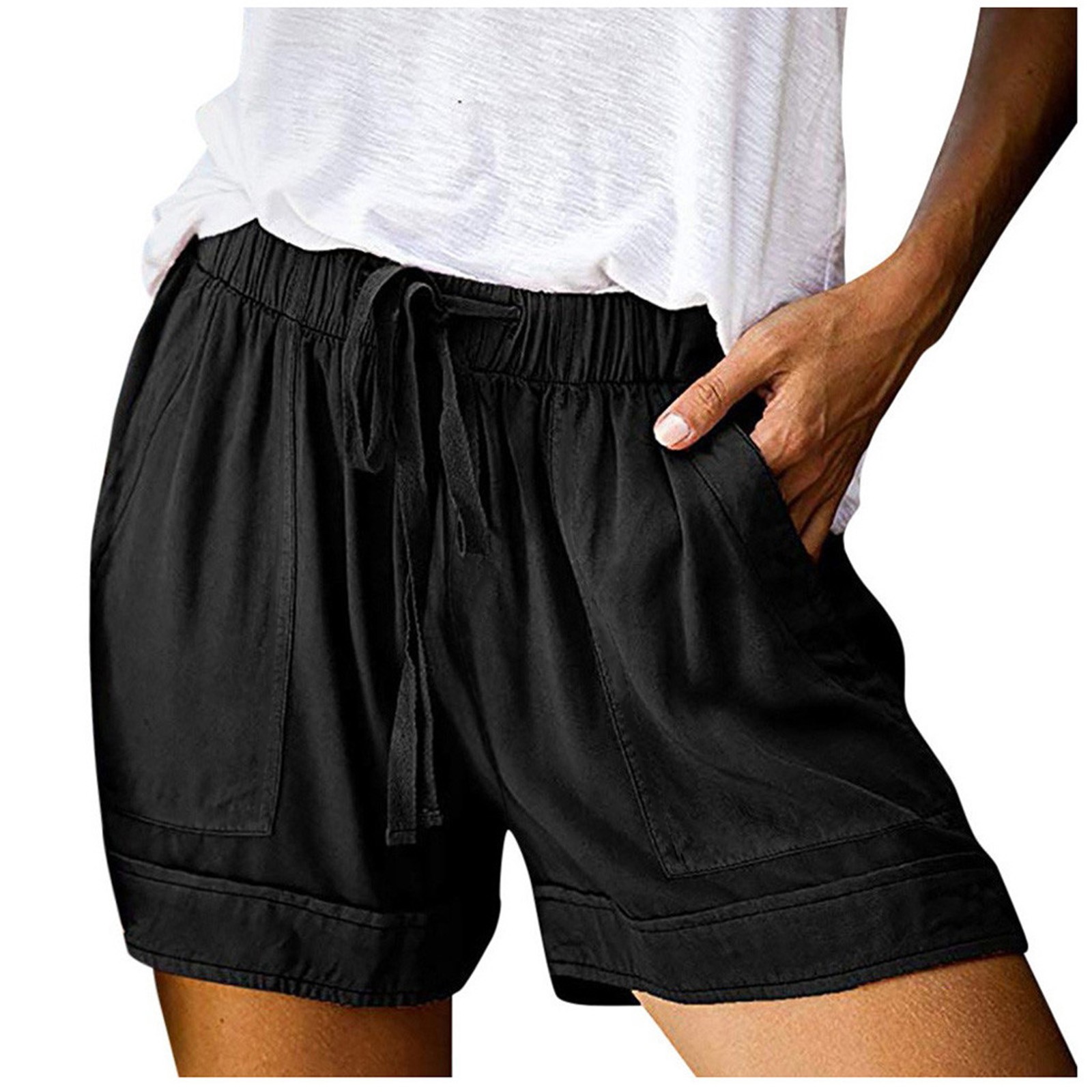 thumbnail image 3 of Pantalones cortos cómodos con cordón y cintura elástica para mujer - Pantalones holgados de color liso con bolsillos - Ropa informal de verano de poliéster, 3 of 8